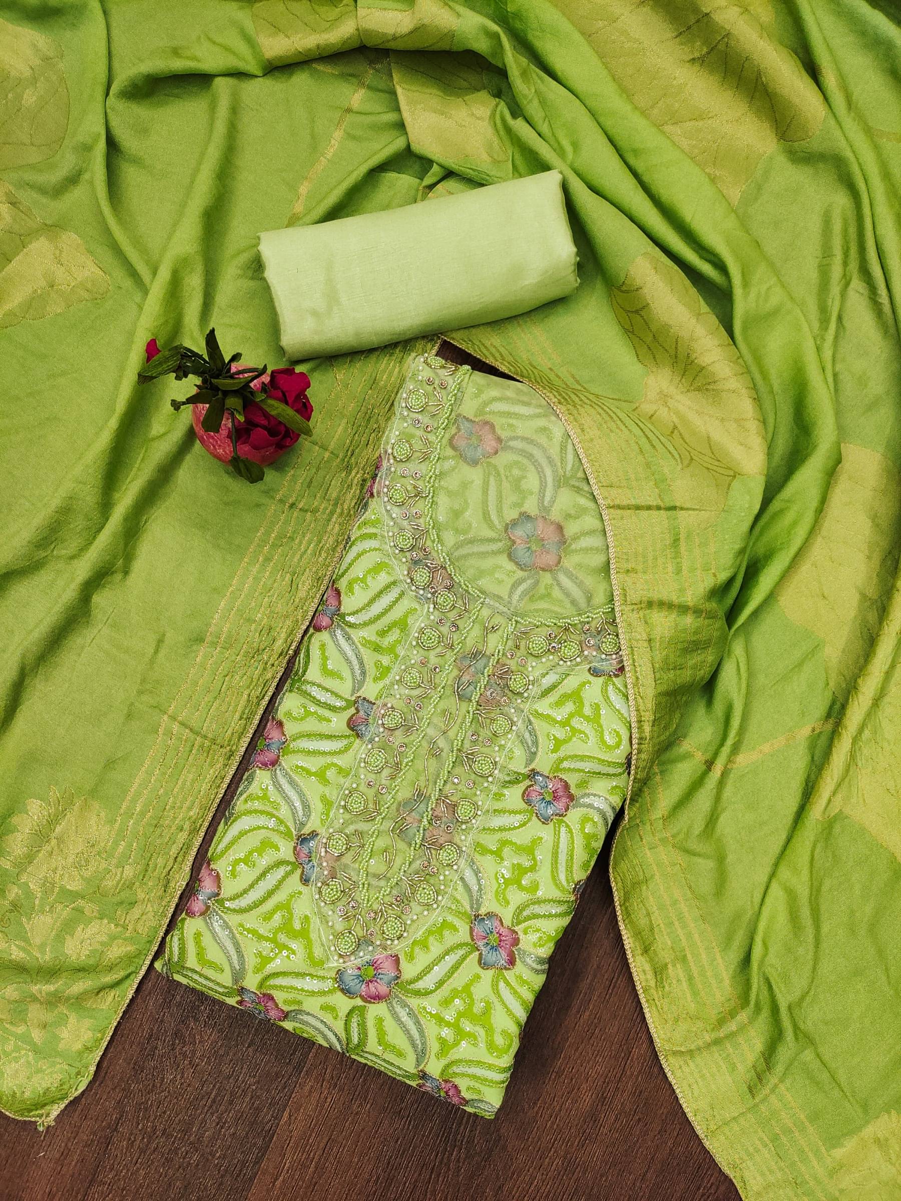 Shree Mahantam Women Organza Unstitched Dress Material ( Green )     			Shree Mahantam Women Organza Unstitched Dress Material ( Green )