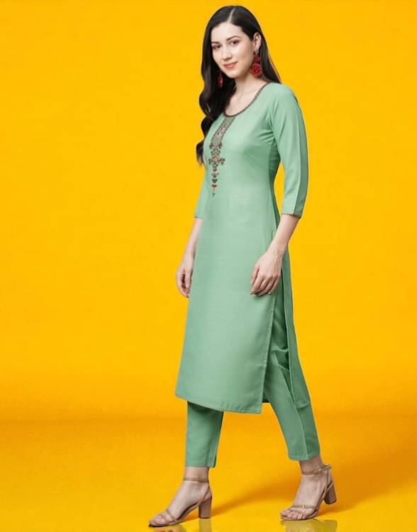     			TRIONZA Women Rayon Embroidered A-line Kurti With Pants ( Green )