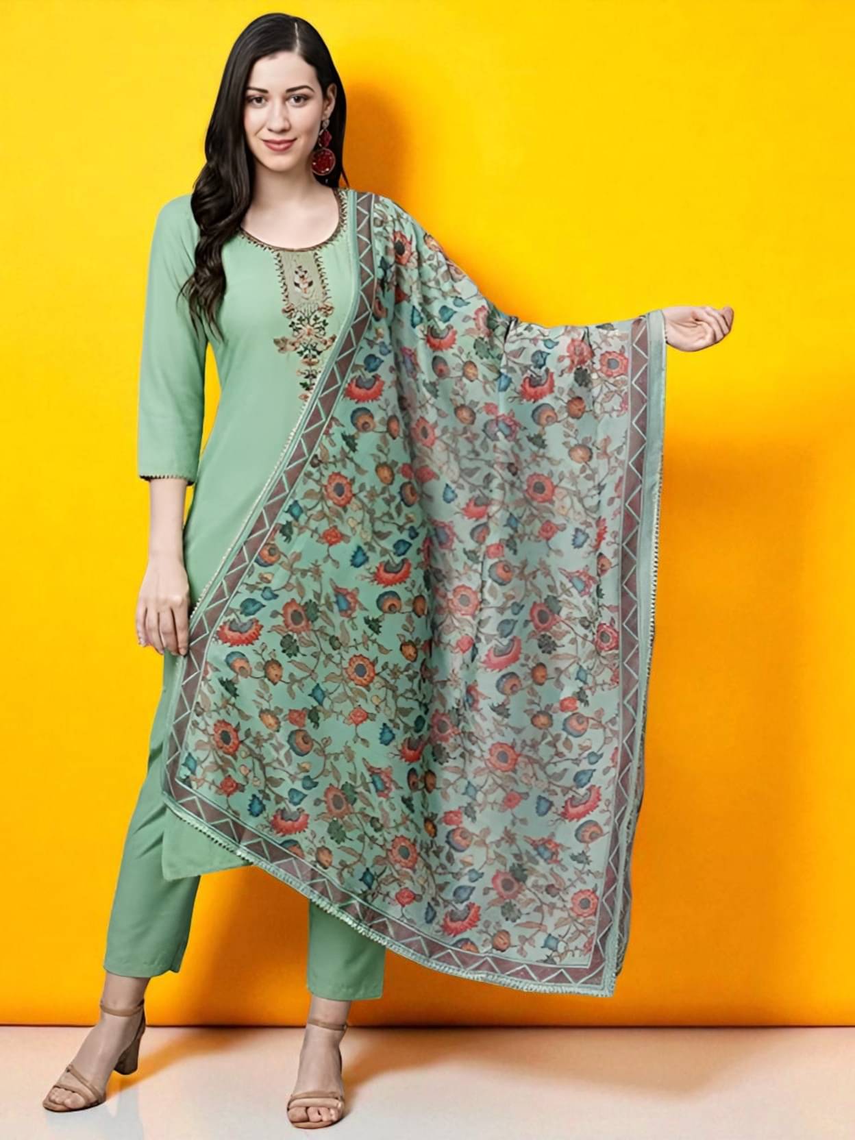     			TRIONZA Women Rayon Embroidered A-line Kurti With Pants ( Green )