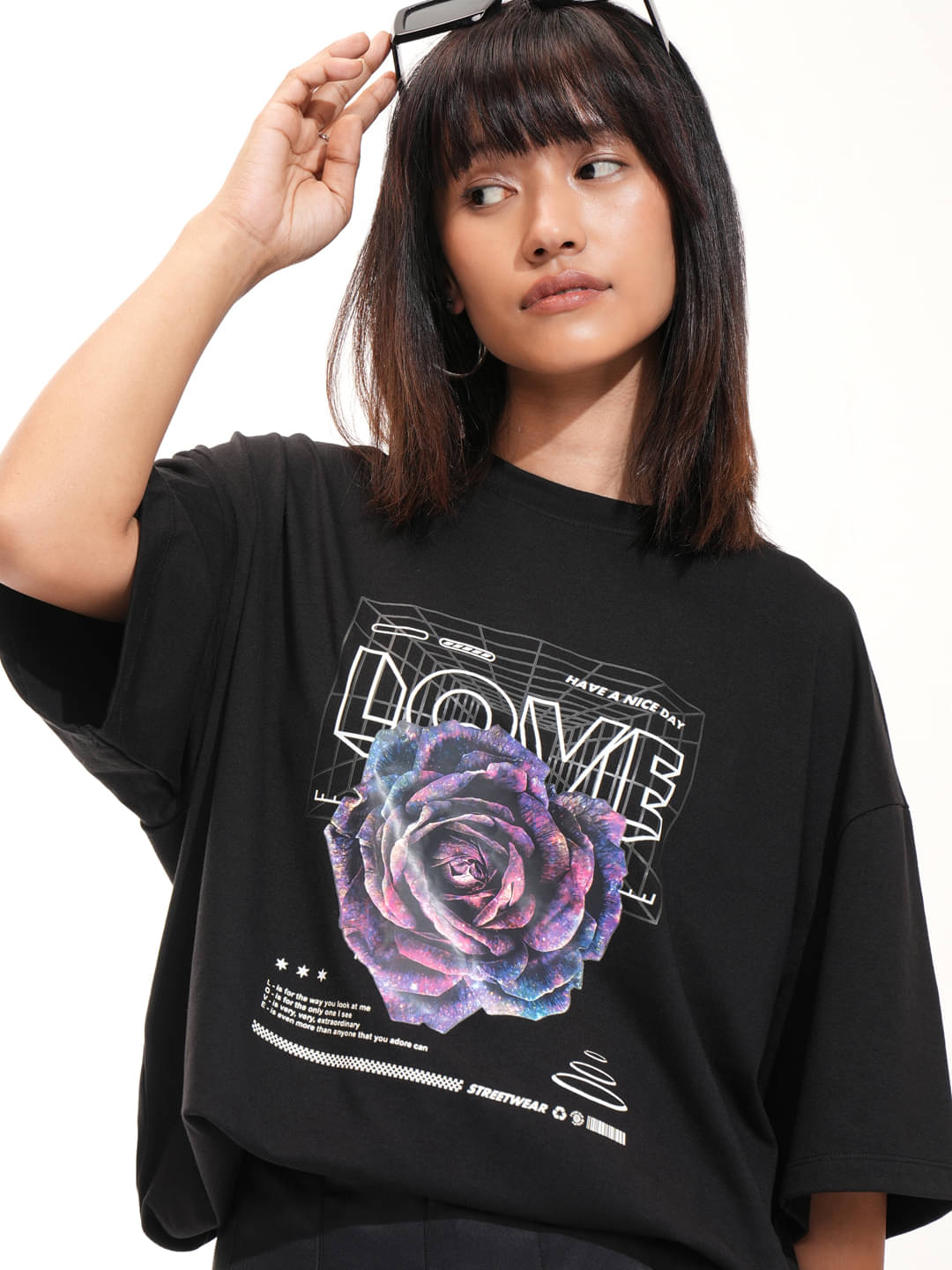     			Tokyo Talkies Women Cotton Blend Printed Oversized Fit Round Neck T-Shirt ( Black )