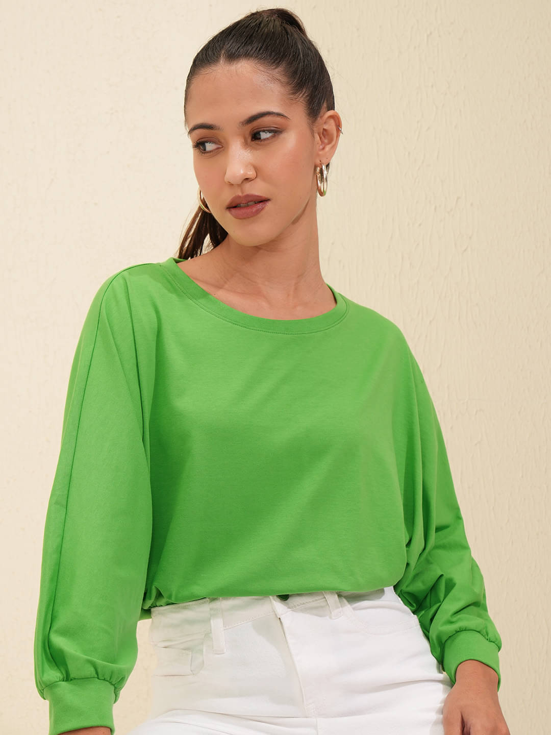     			Tokyo Talkies Women Cotton Blend Solid Oversized Fit Round Neck T-Shirt ( Green )