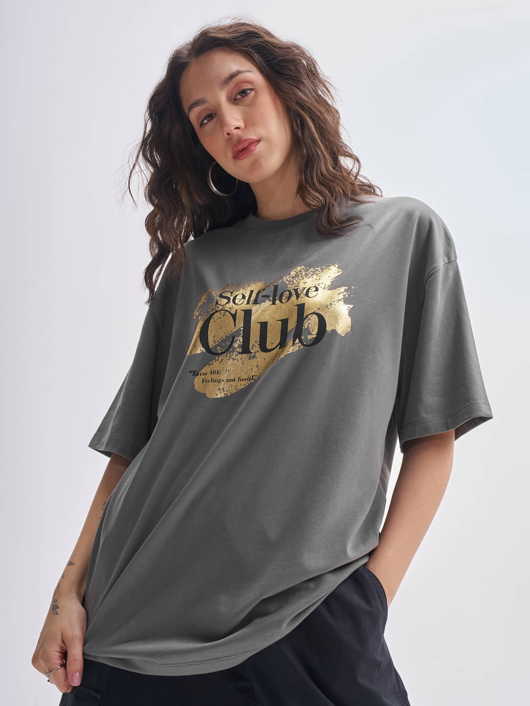     			Tokyo Talkies Women Cotton Blend Printed Oversized Fit Round Neck T-Shirt ( Grey )