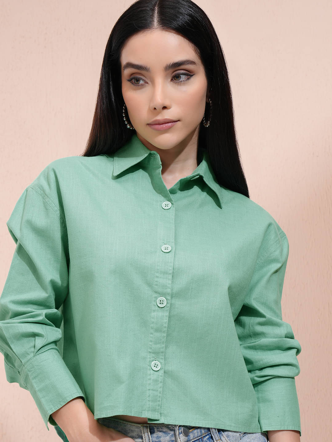 Tokyo Talkies Women Solid Poly Cotton Shirt ( Green ) Tokyo Talkies Women Solid Poly Cotton Shirt ( Green )