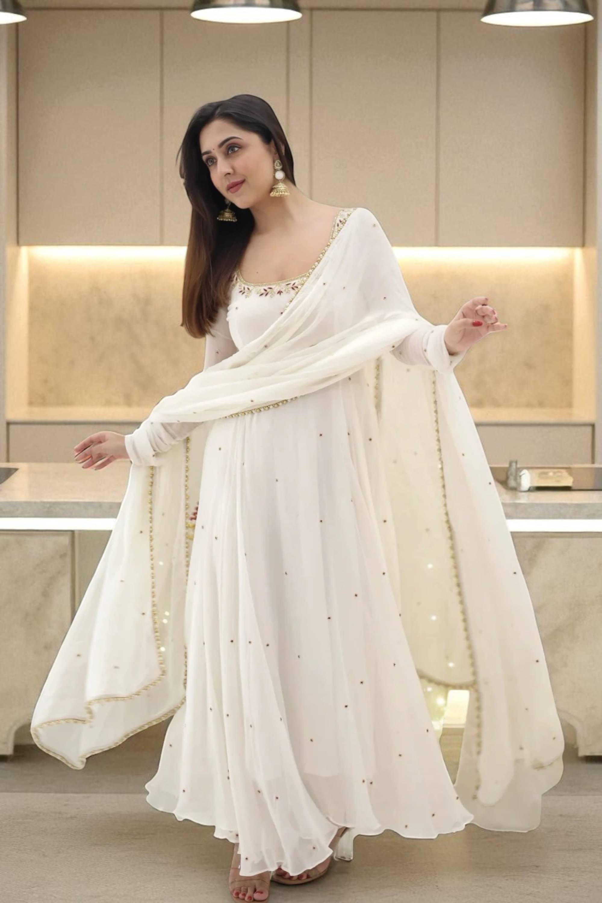     			Trandtid Women Georgette Anarkali Stitched Ethnic Gown ( White )