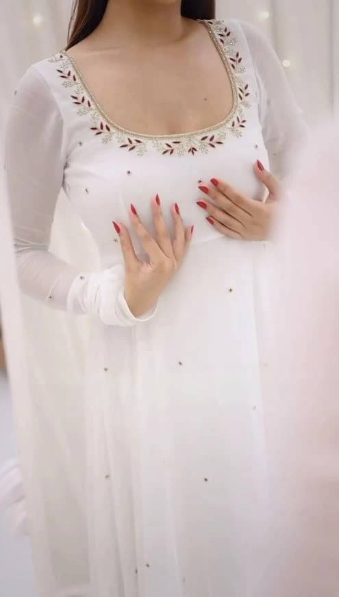 Trandtid Women Georgette Anarkali Stitched Ethnic Gown ( White )     			Trandtid Women Georgette Anarkali Stitched Ethnic Gown ( White )