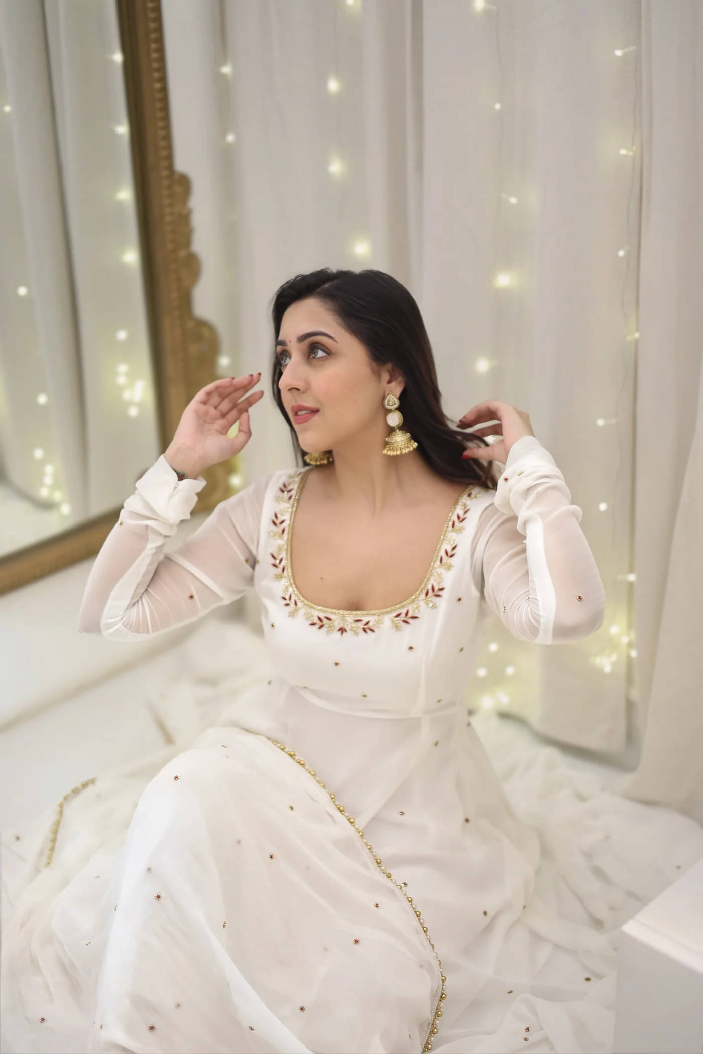     			Trandtid Women Georgette Anarkali Stitched Ethnic Gown ( White )