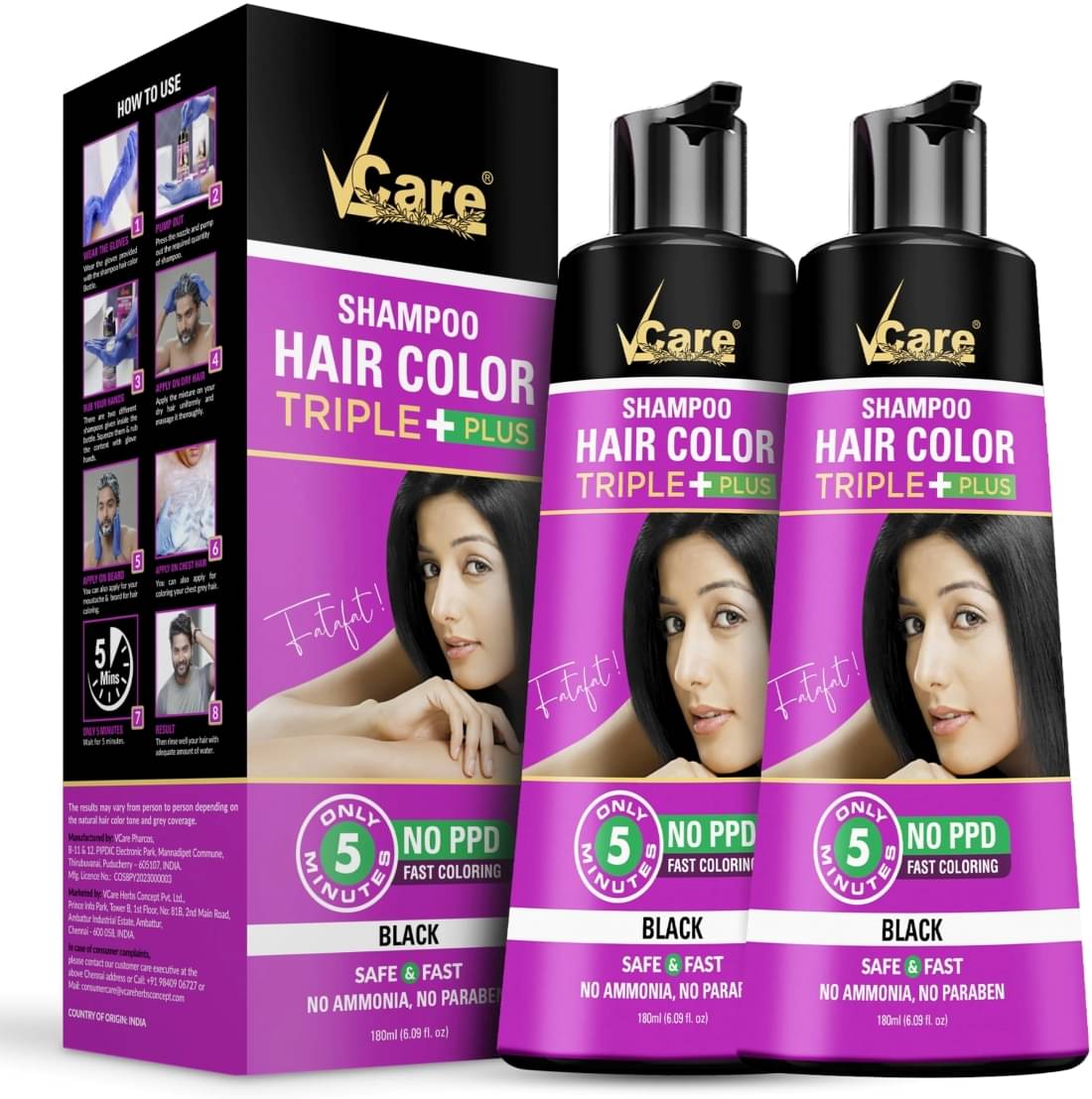 VCare Triple Plus Paraben Free Temporary Hair Color 180 mL Black VCare Triple Plus Paraben Free Temporary Hair Color 180 mL Black