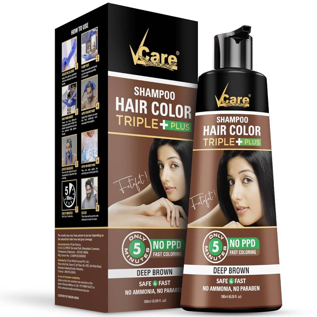 VCare Triple Plus Paraben Free Temporary Hair Color 180 mL Brown VCare Triple Plus Paraben Free Temporary Hair Color 180 mL Brown