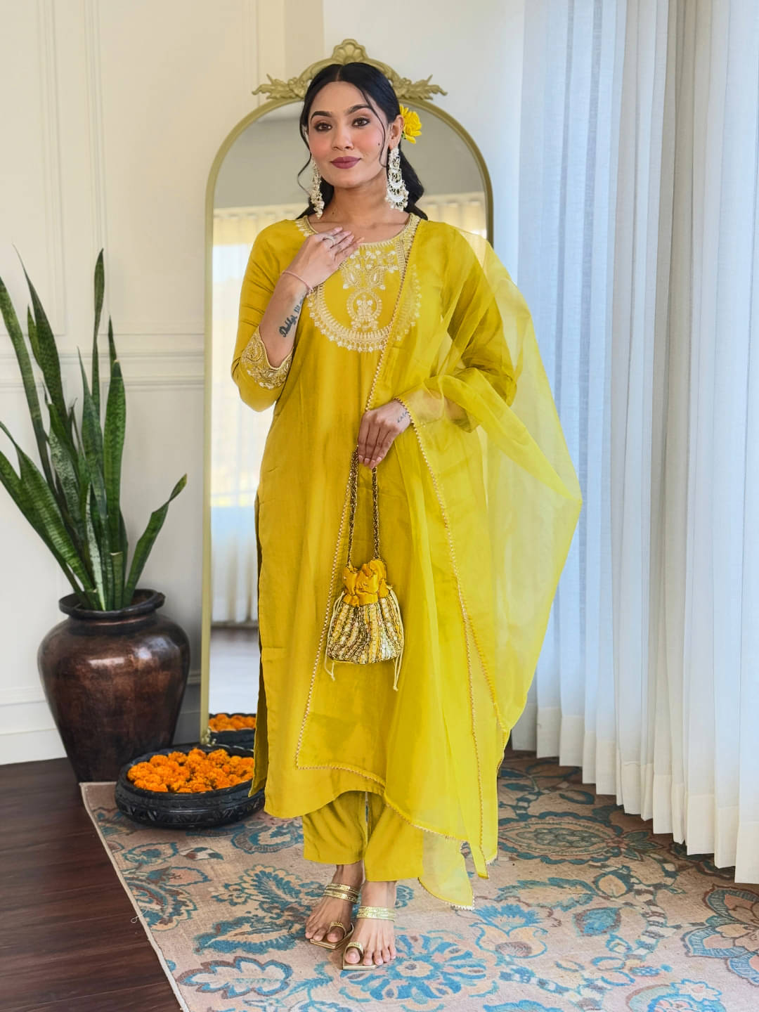     			Varni Fabrics Women Rayon Embroidered Straight Kurti With Pants ( Yellow )