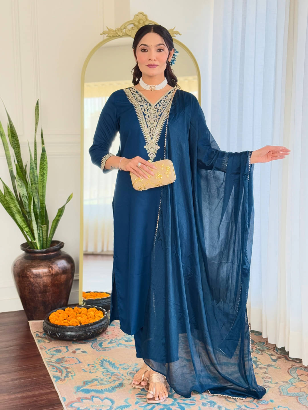     			Varni Fabrics Women Rayon Embroidered Straight Kurti With Pants ( Navy Blue )