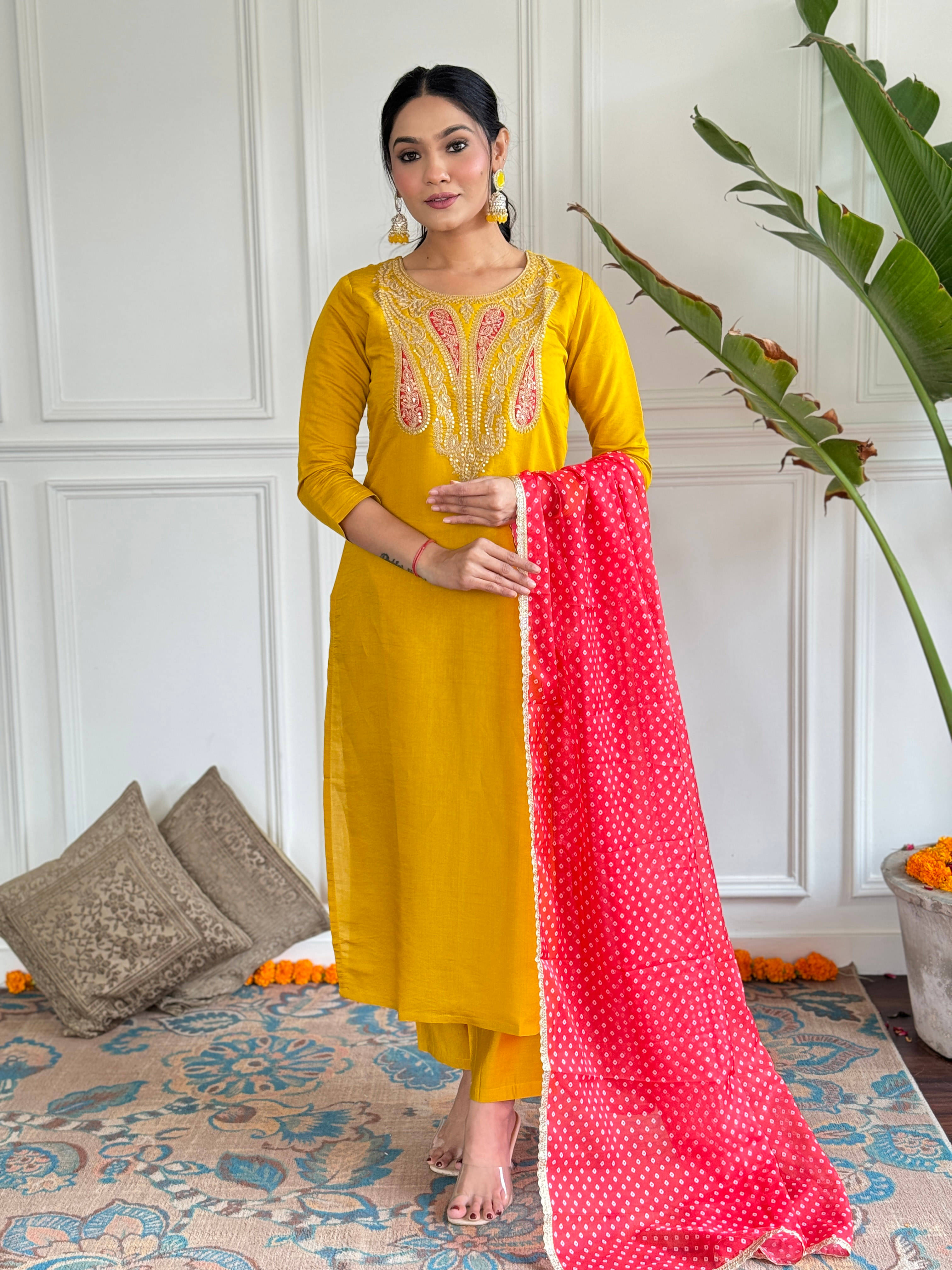     			Varni Fabrics Women Silk Blend Embellished Straight Kurti With Pants ( Mustard )