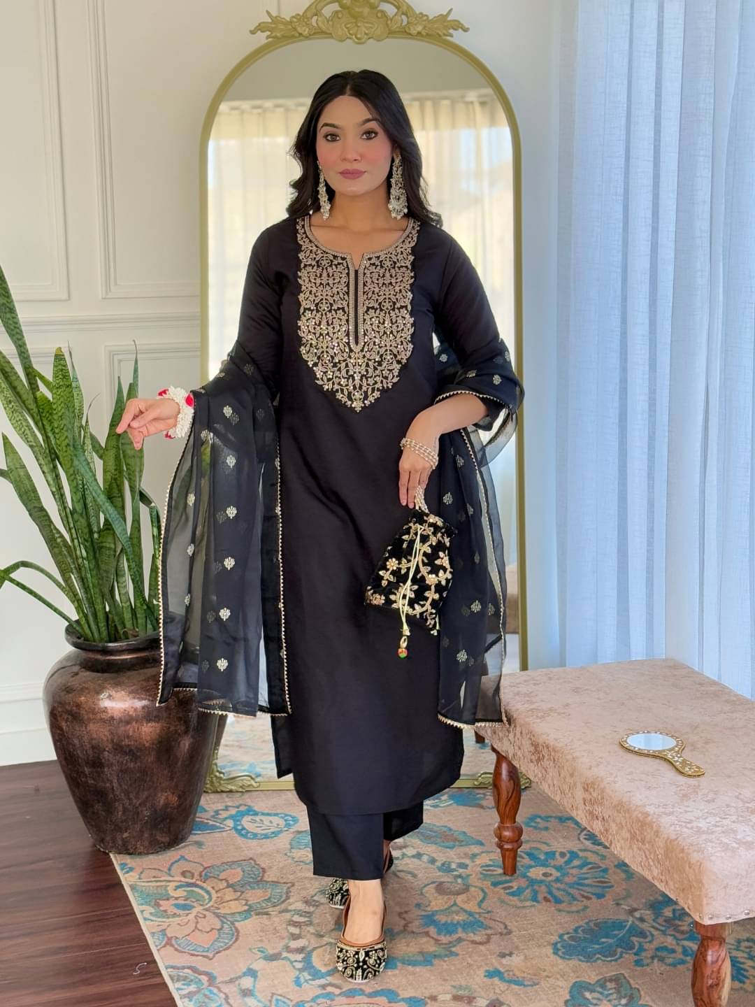 Varni Fabrics Women Silk Blend Embellished Straight Kurti With Pants ( Black ) Varni Fabrics Women Silk Blend Embellished Straight Kurti With Pants ( Black )
