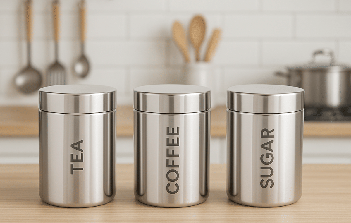 Visaxmi STAINLESS Steel Silver Tea/Coffee/Sugar Container ( Set of 3 )     			Visaxmi STAINLESS Steel Silver Tea/Coffee/Sugar Container ( Set of 3 )