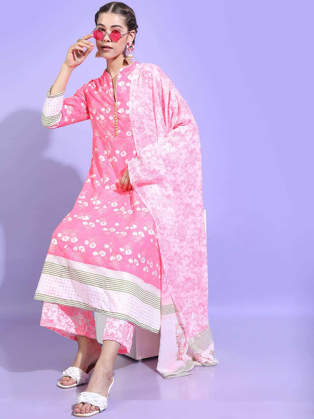    			Vishudh Women Cotton Blend Printed A-line Kurti With Palazzo ( Multicolor )