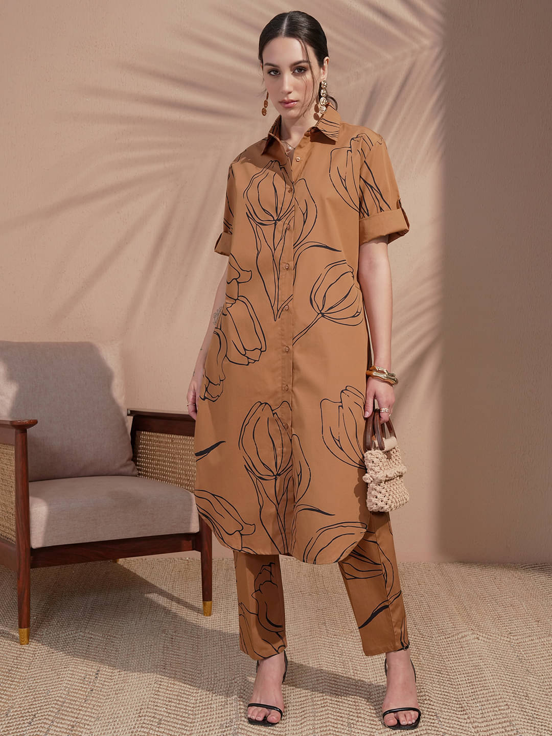     			Vishudh Women Cotton Printed Shirt Style Kurti With Pants ( Brown )