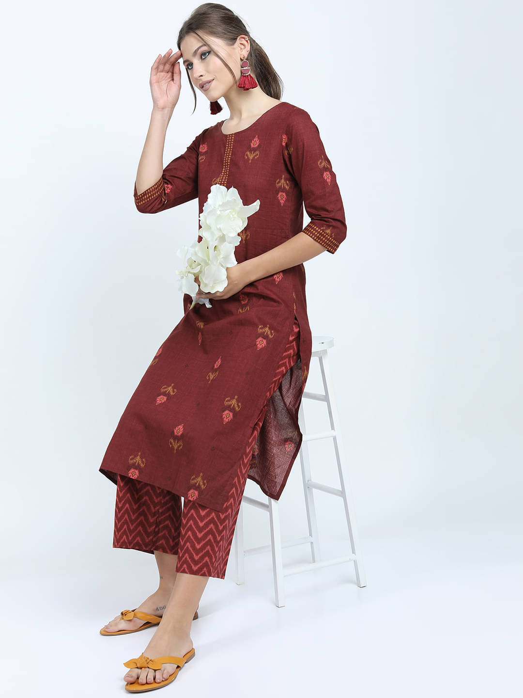 Vishudh Women Cotton Printed Straight Kurti With Palazzo ( Brown ) Vishudh Women Cotton Printed Straight Kurti With Palazzo ( Brown )