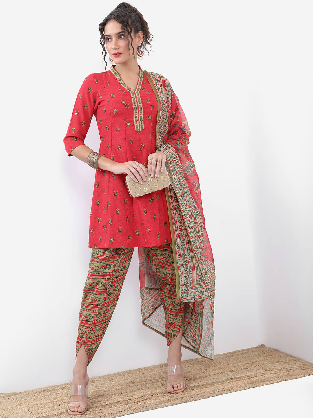     			Vishudh Women Polyester Printed A-line Kurti With Dhoti Pants ( Red )