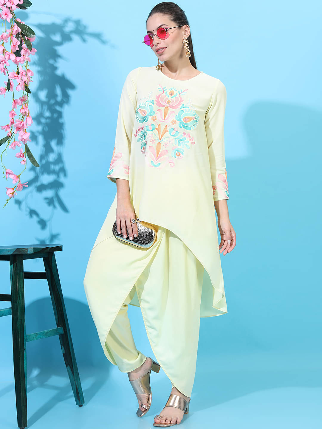     			Vishudh Women Viscose Printed A-line Kurti With Dhoti Pants ( Yellow )