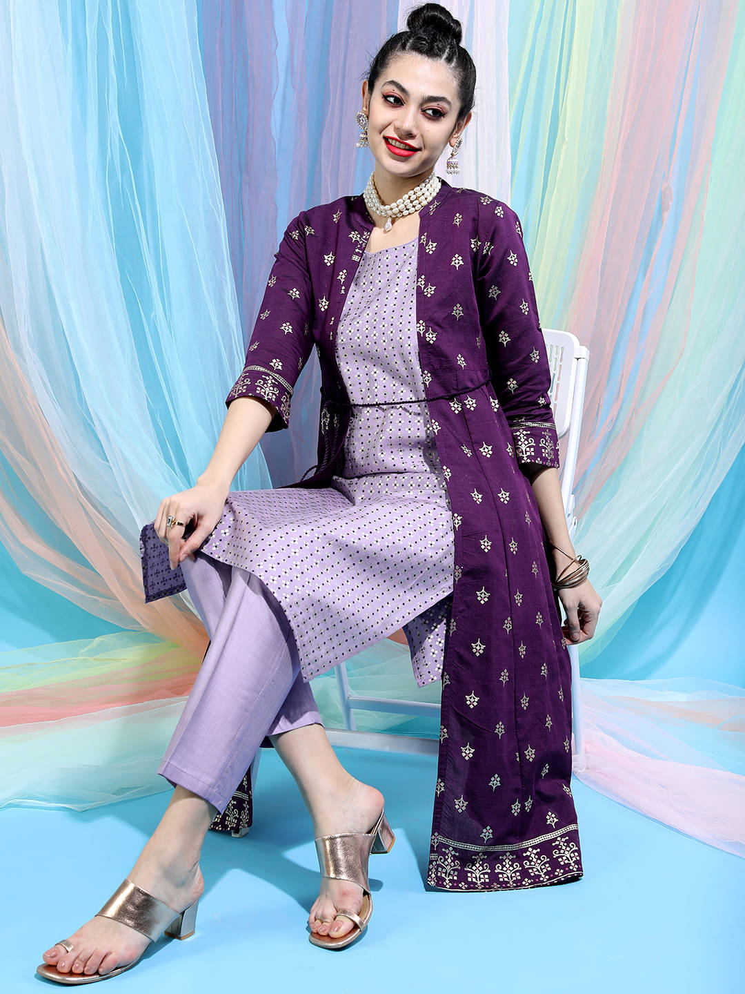     			Vishudh Women Viscose Printed Anarkali Kurti With Pants ( Purple )