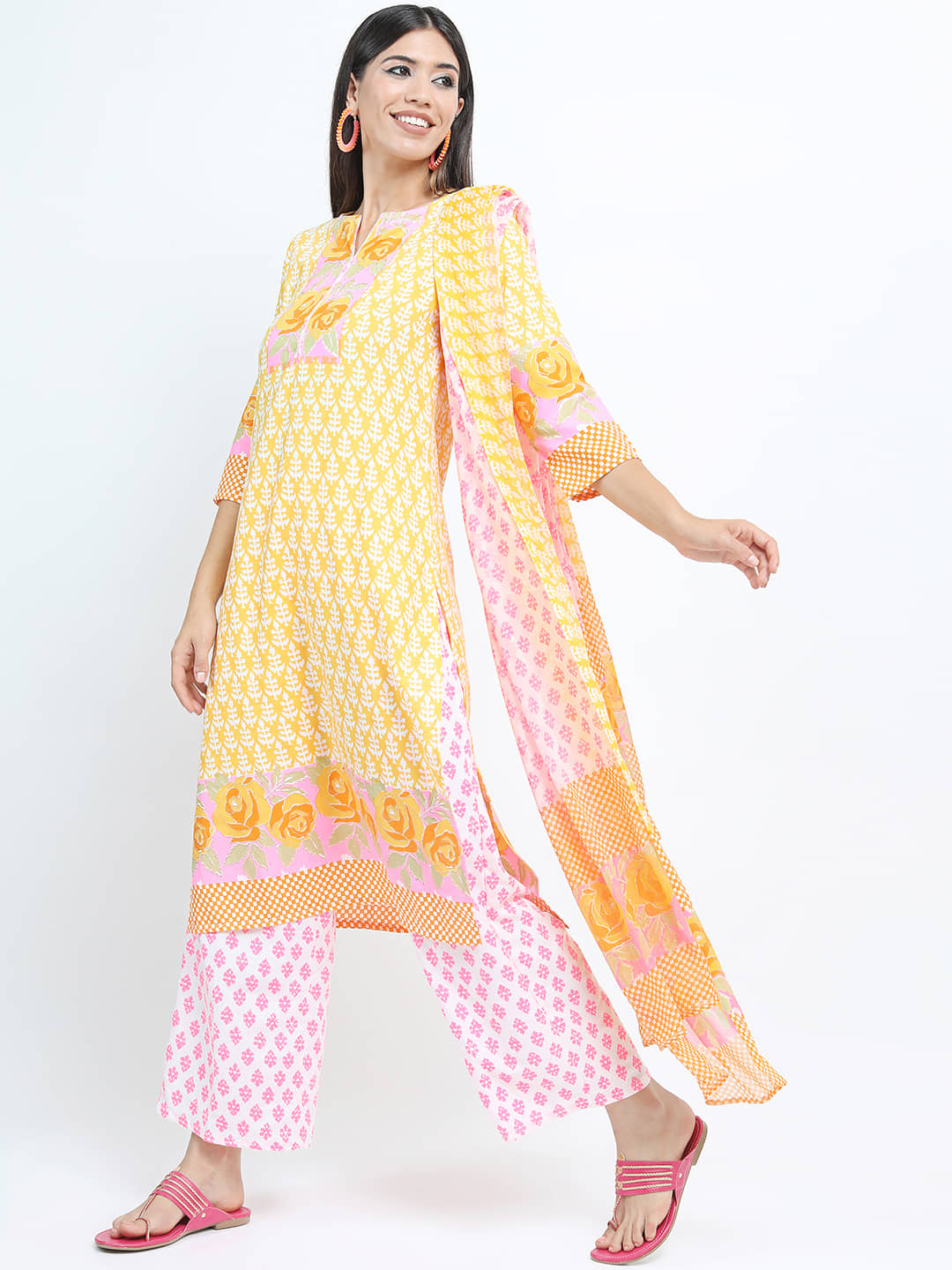 Vishudh Women Viscose Printed Straight Kurti With Palazzo ( Yellow )