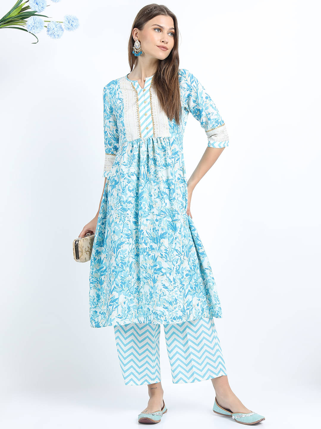     			Vishudh Women Viscose Printed Straight Kurti With Palazzo ( Blue )