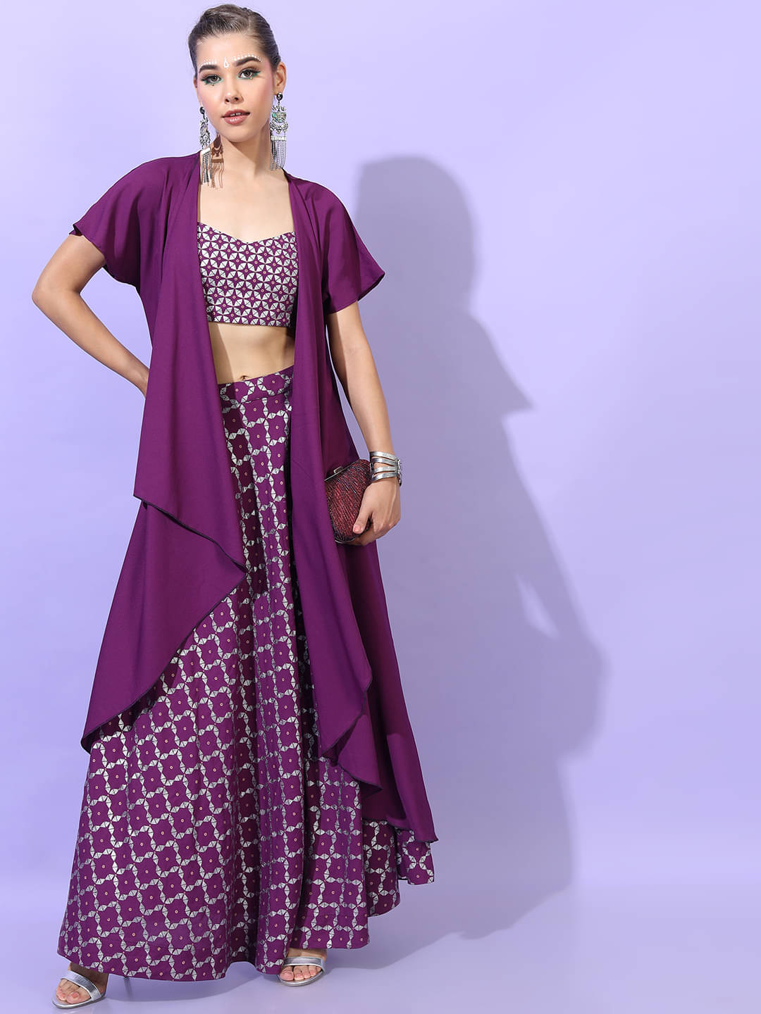     			Vishudh Women Viscose Printed Straight Kurti With Skirt ( Purple )