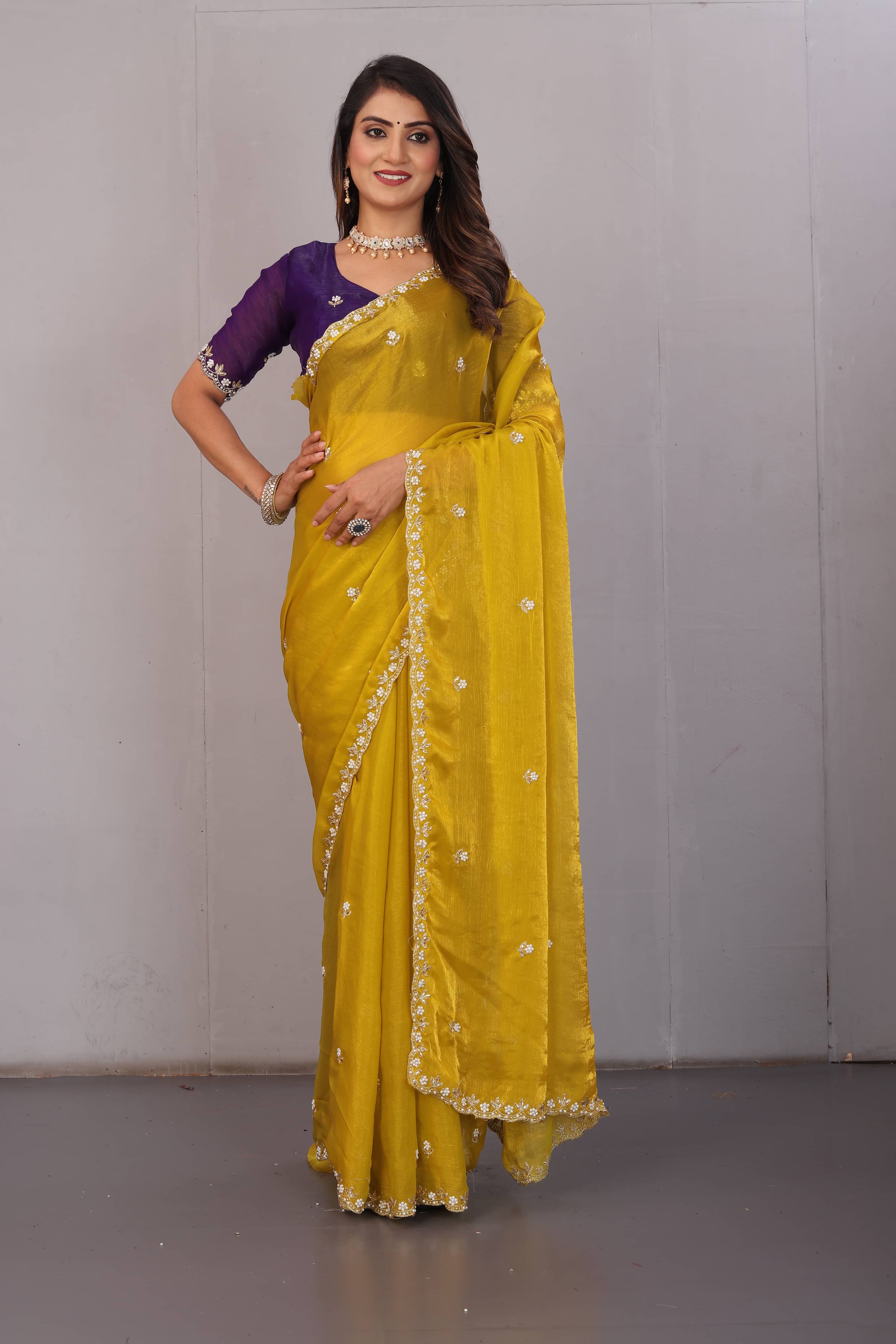 Kandora Jimmy Choo Embellished Chanderi saree With Unstitched Blouse Piece ( Yellow ) Kandora Jimmy Choo Embellished Chanderi saree With Unstitched Blouse Piece ( Yellow )