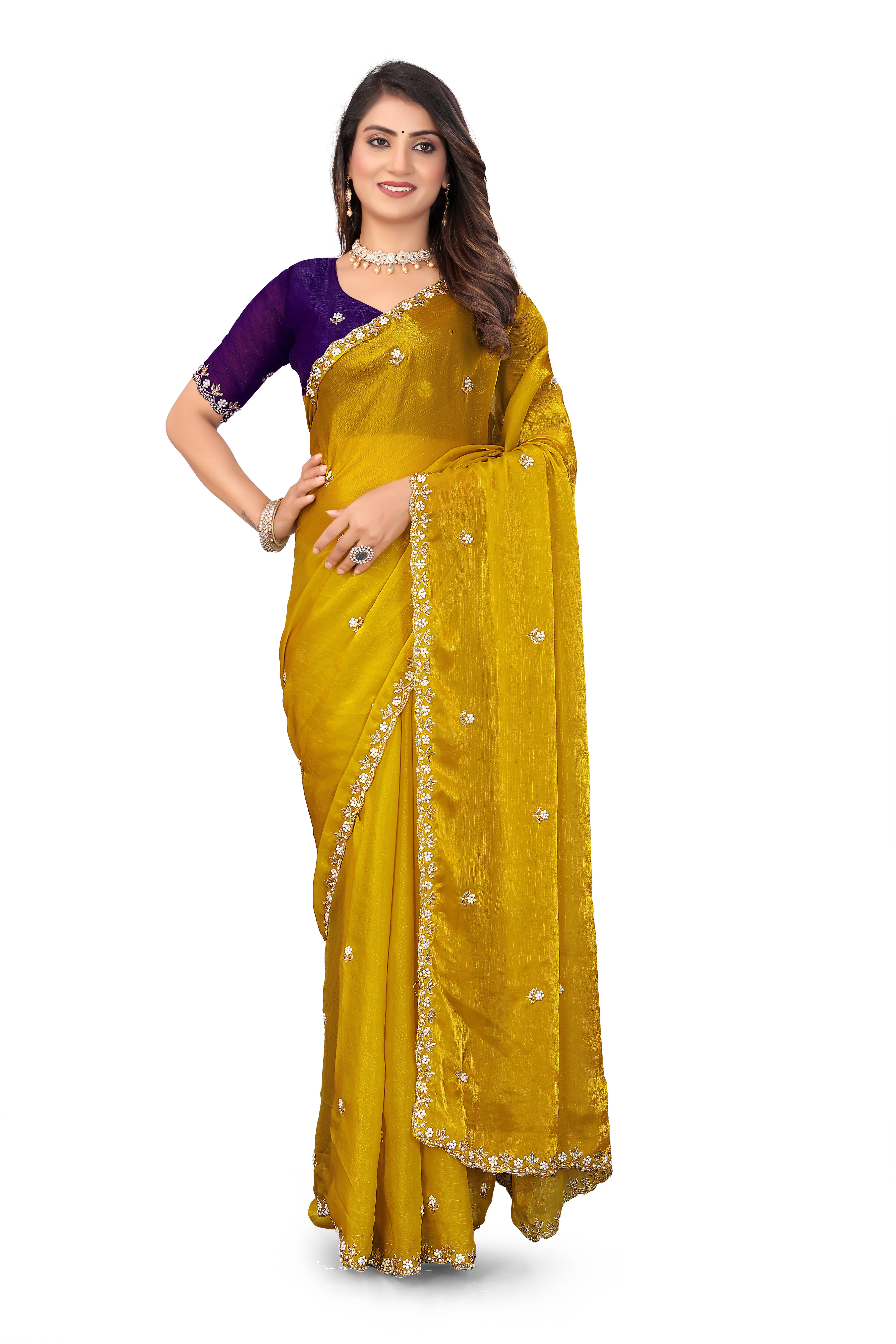 Kandora Jimmy Choo Embellished Chanderi saree With Unstitched Blouse Piece ( Yellow ) Kandora Jimmy Choo Embellished Chanderi saree With Unstitched Blouse Piece ( Yellow )