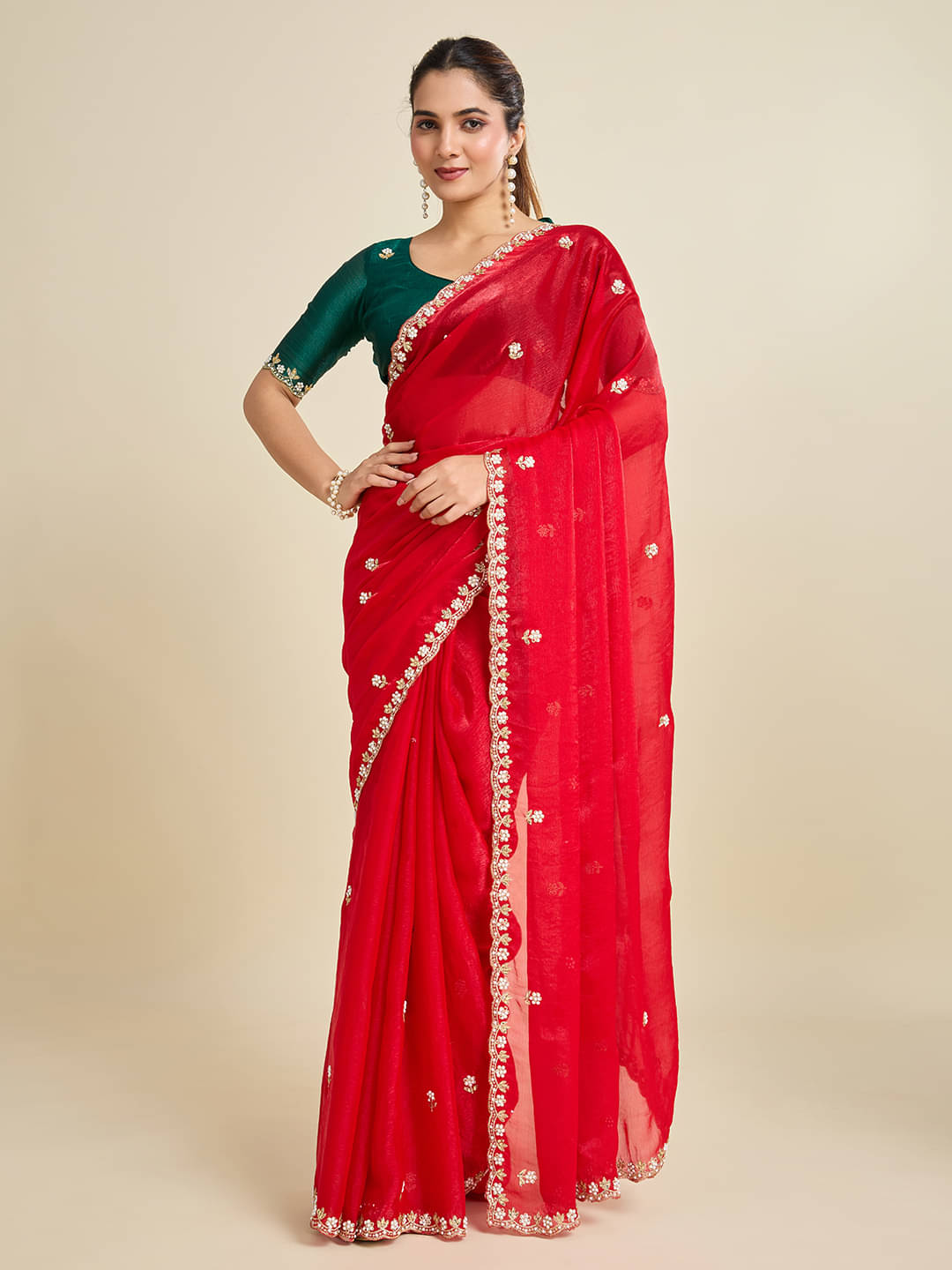 Kandora Jimmy Choo Embroidered Chanderi saree With Unstitched Blouse Piece ( Red ) Kandora Jimmy Choo Embroidered Chanderi saree With Unstitched Blouse Piece ( Red )