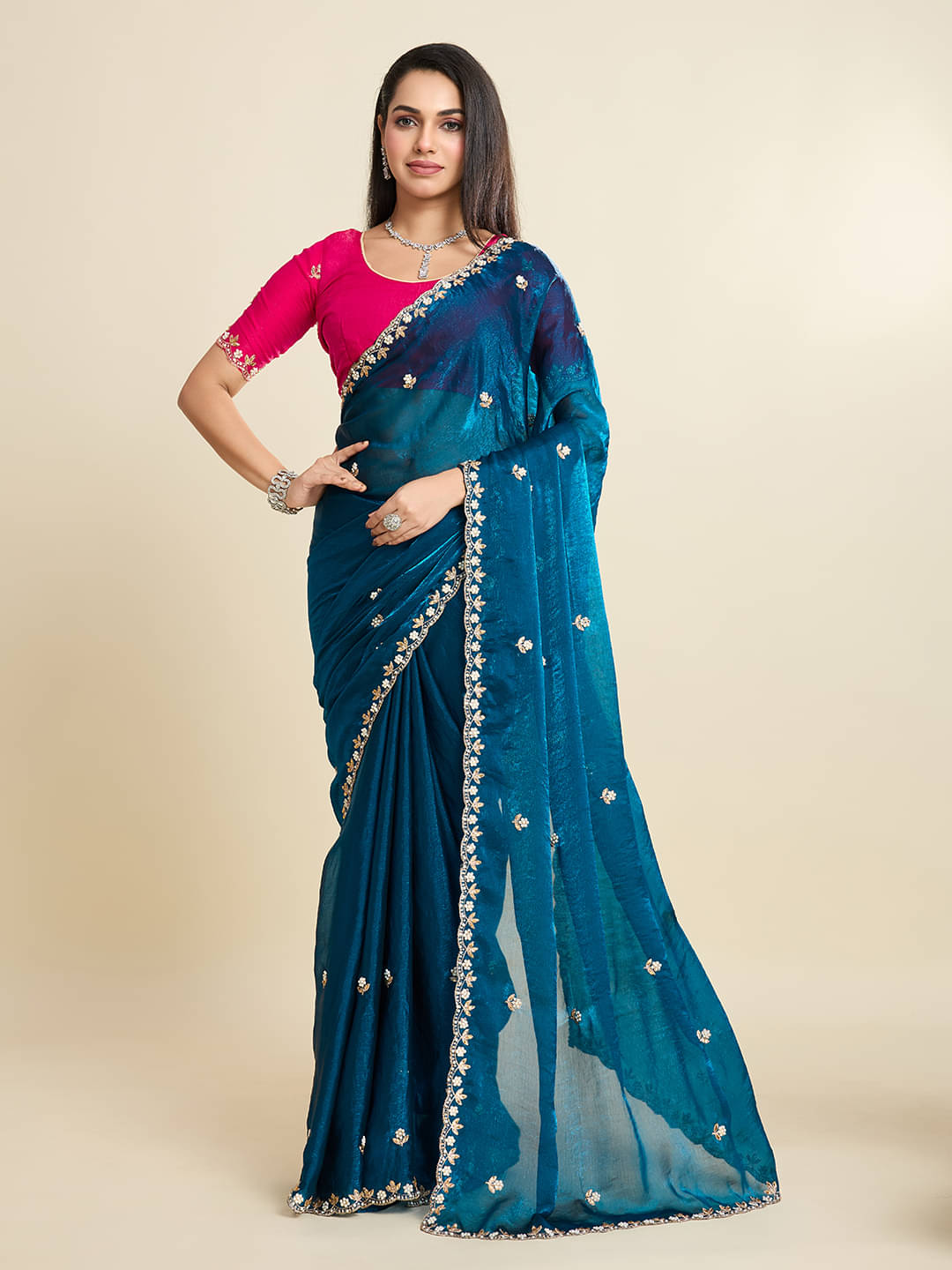 Kandora Jimmy Choo Embroidered Chanderi saree With Unstitched Blouse Piece ( Teal ) Kandora Jimmy Choo Embroidered Chanderi saree With Unstitched Blouse Piece ( Teal )