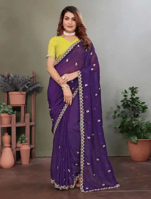     			Kandora Jimmy Choo Embroidered Chanderi saree With Unstitched Blouse Piece ( Purple )