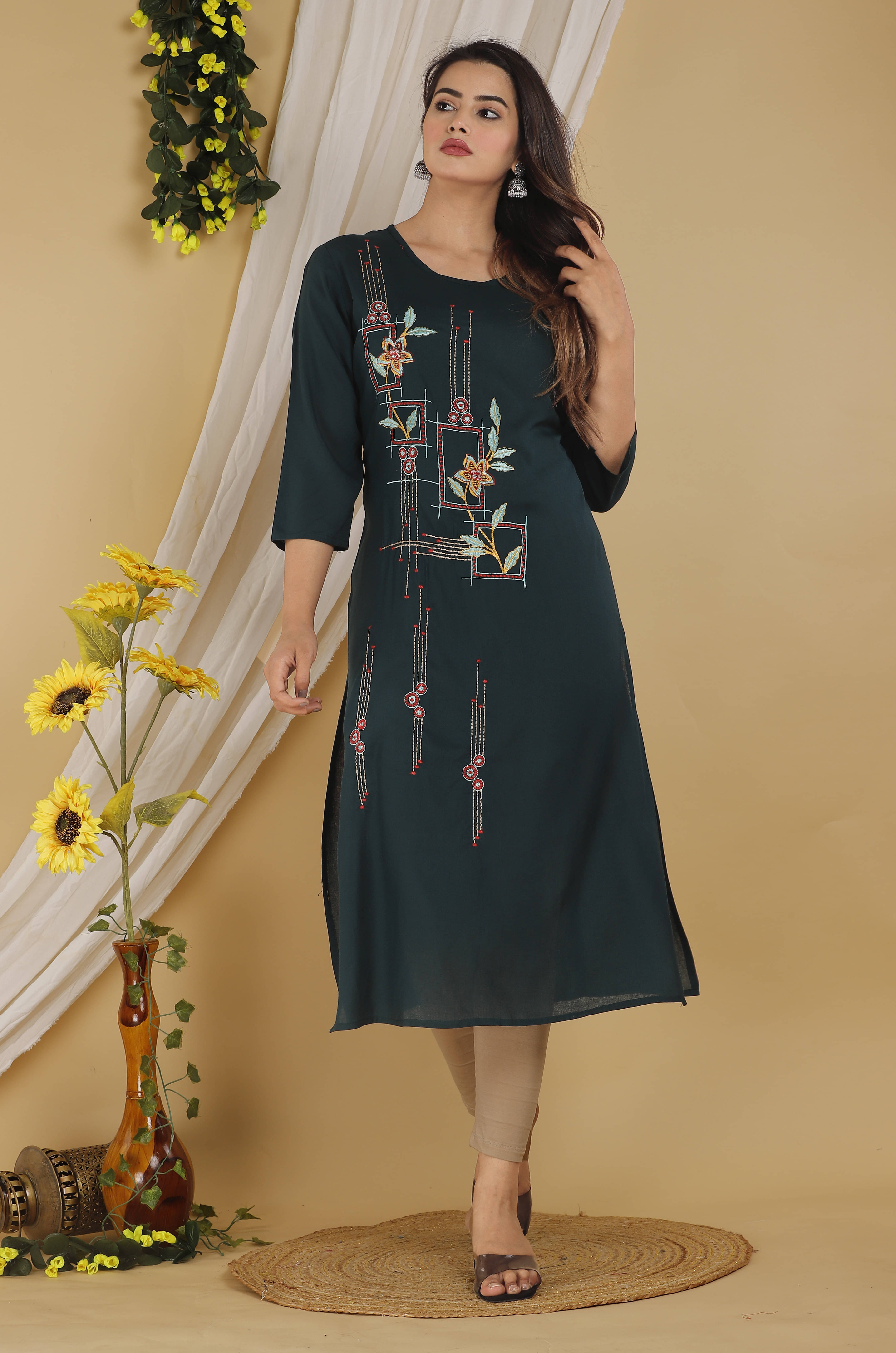     			Mehsoos Fashion Women Cotton Blend Embroidered Straight Kurti ( Green )