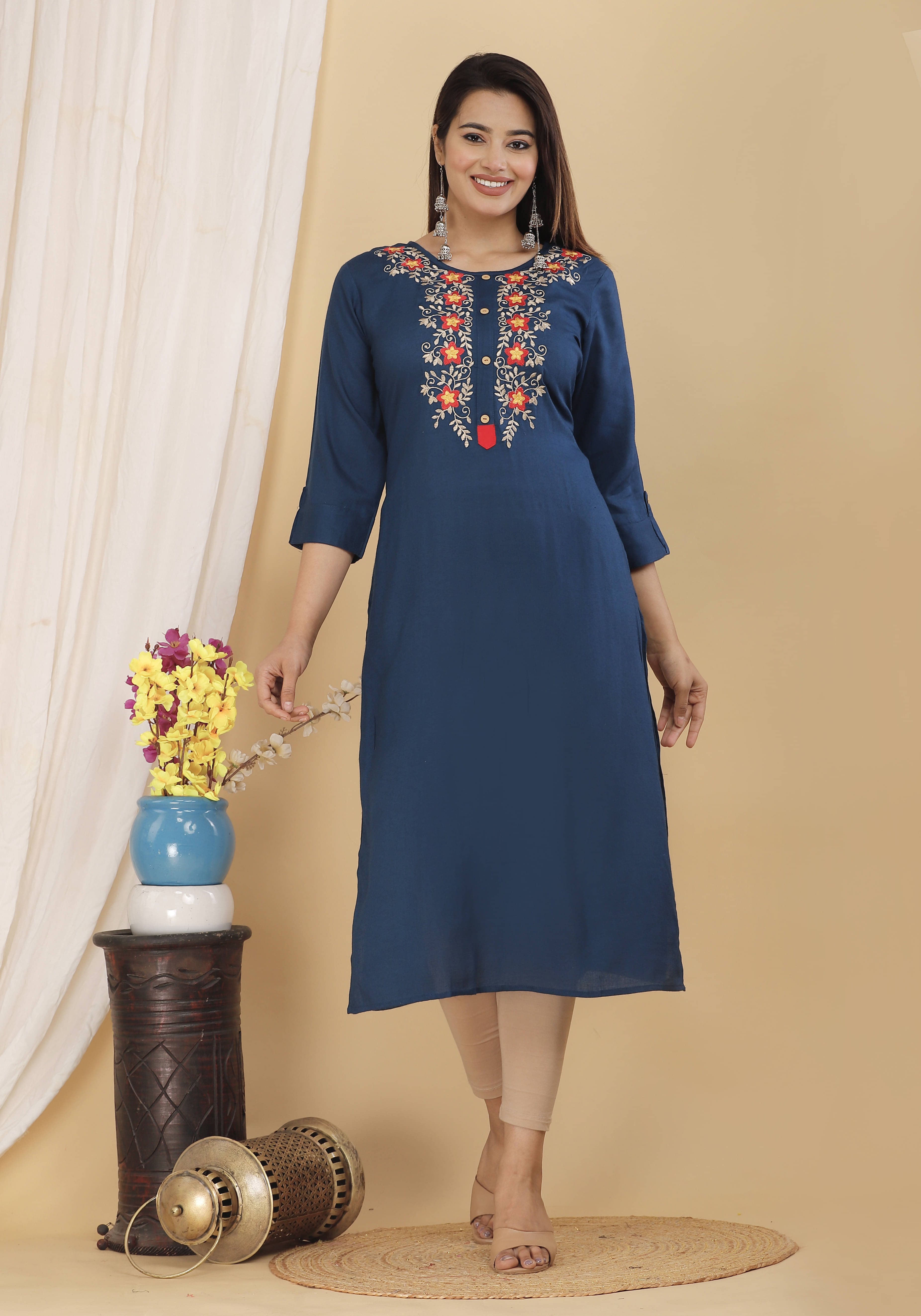     			Mehsoos Fashion Women Cotton Blend Embroidered Straight Kurti ( Navy Blue )