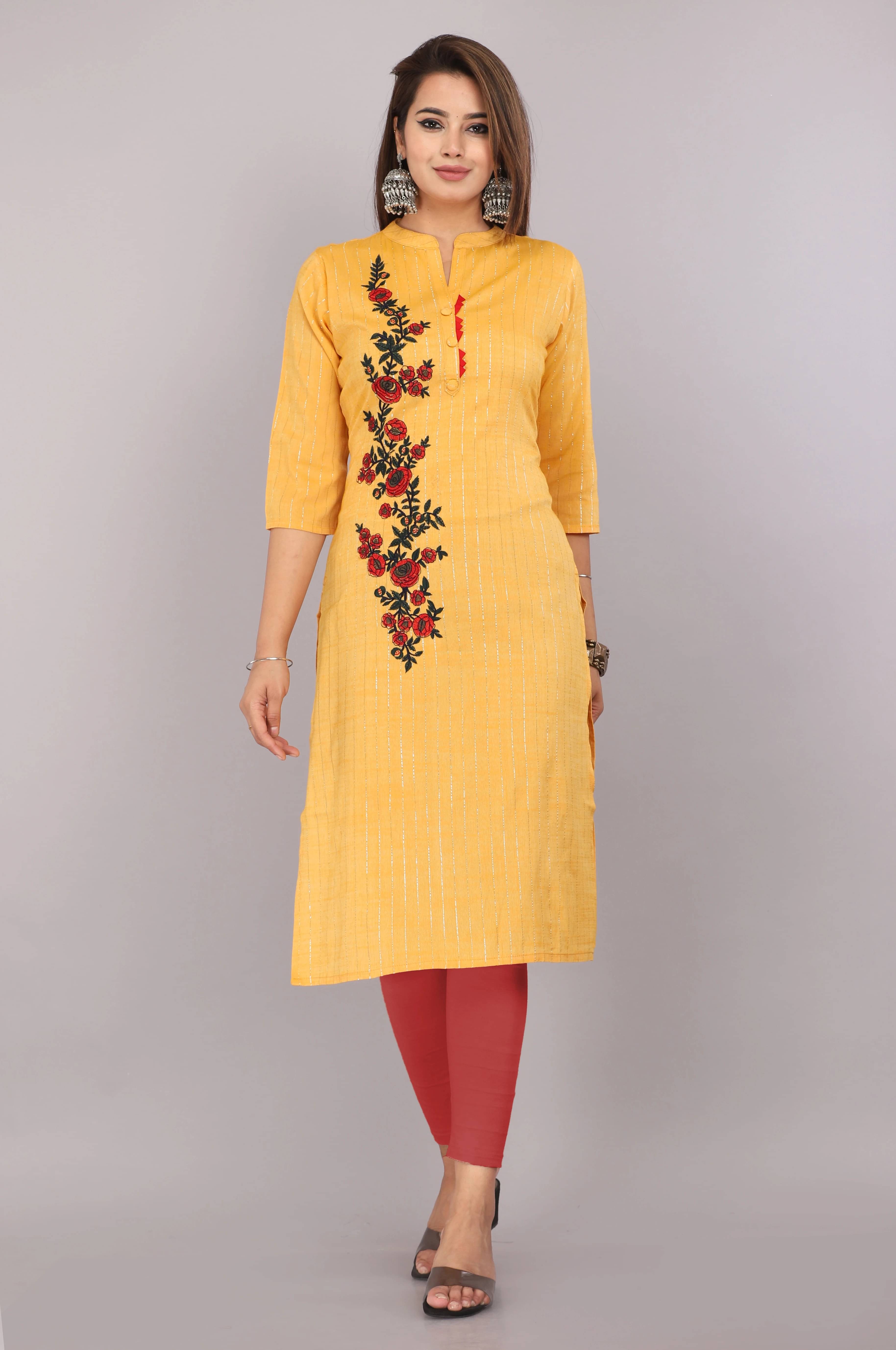     			Mehsoos Fashion Women Cotton Silk Embroidered Straight Kurti ( Yellow )