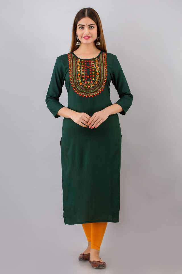 Mehsoos Fashion Women Viscose Rayon Embroidered Straight Kurti ( Green ) Mehsoos Fashion Women Viscose Rayon Embroidered Straight Kurti ( Green )