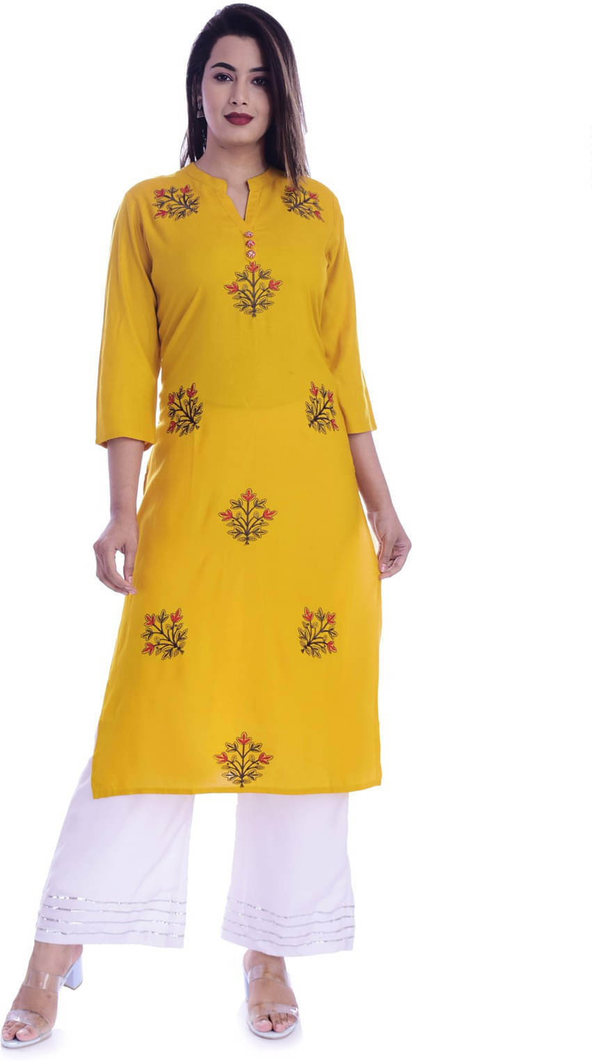 Mehsoos Fashion Women Viscose Rayon Embroidered Straight Kurti ( Yellow )     			Mehsoos Fashion Women Viscose Rayon Embroidered Straight Kurti ( Yellow )