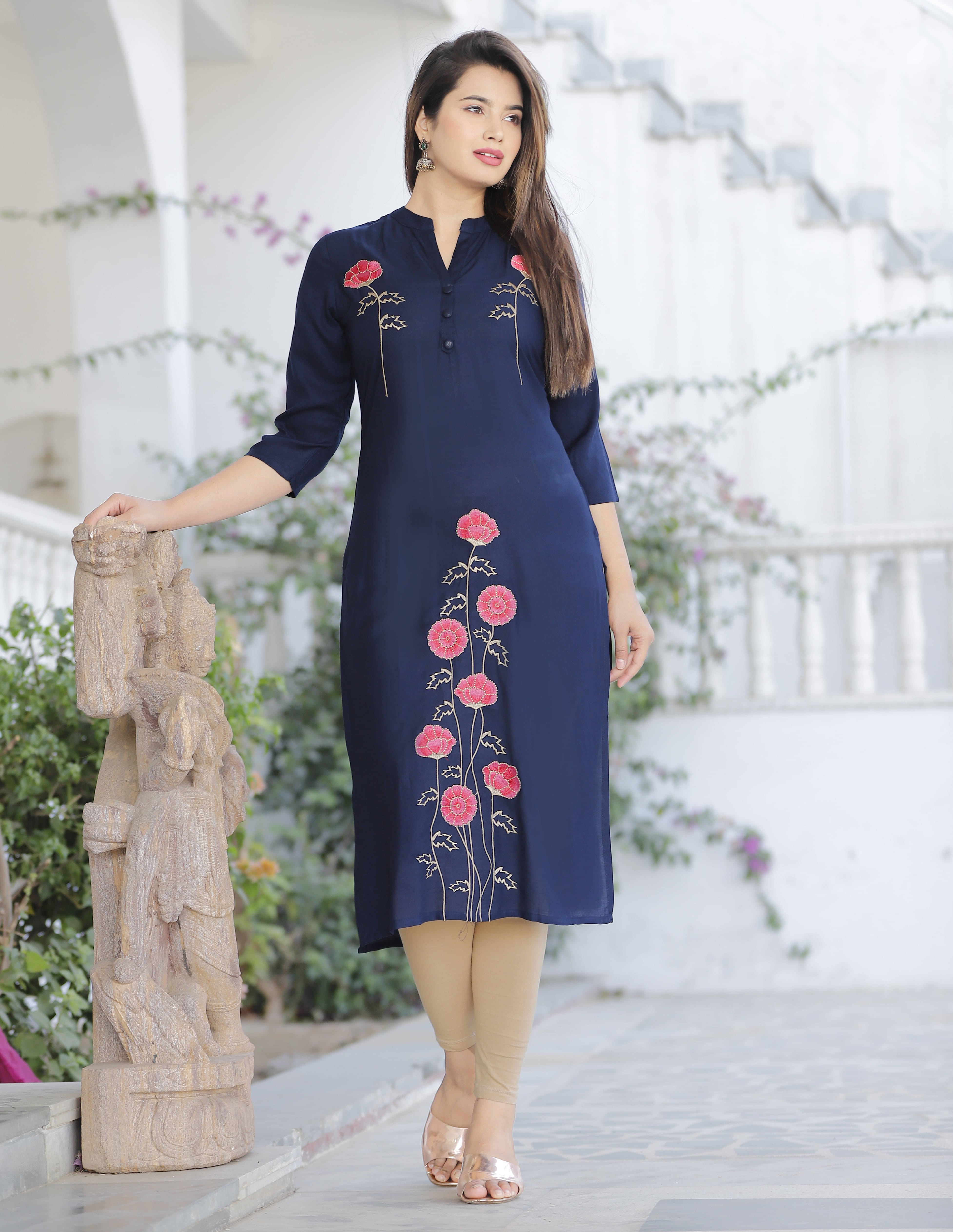     			Mehsoos Fashion Women Viscose Rayon Embroidered Straight Kurti ( Navy Blue )