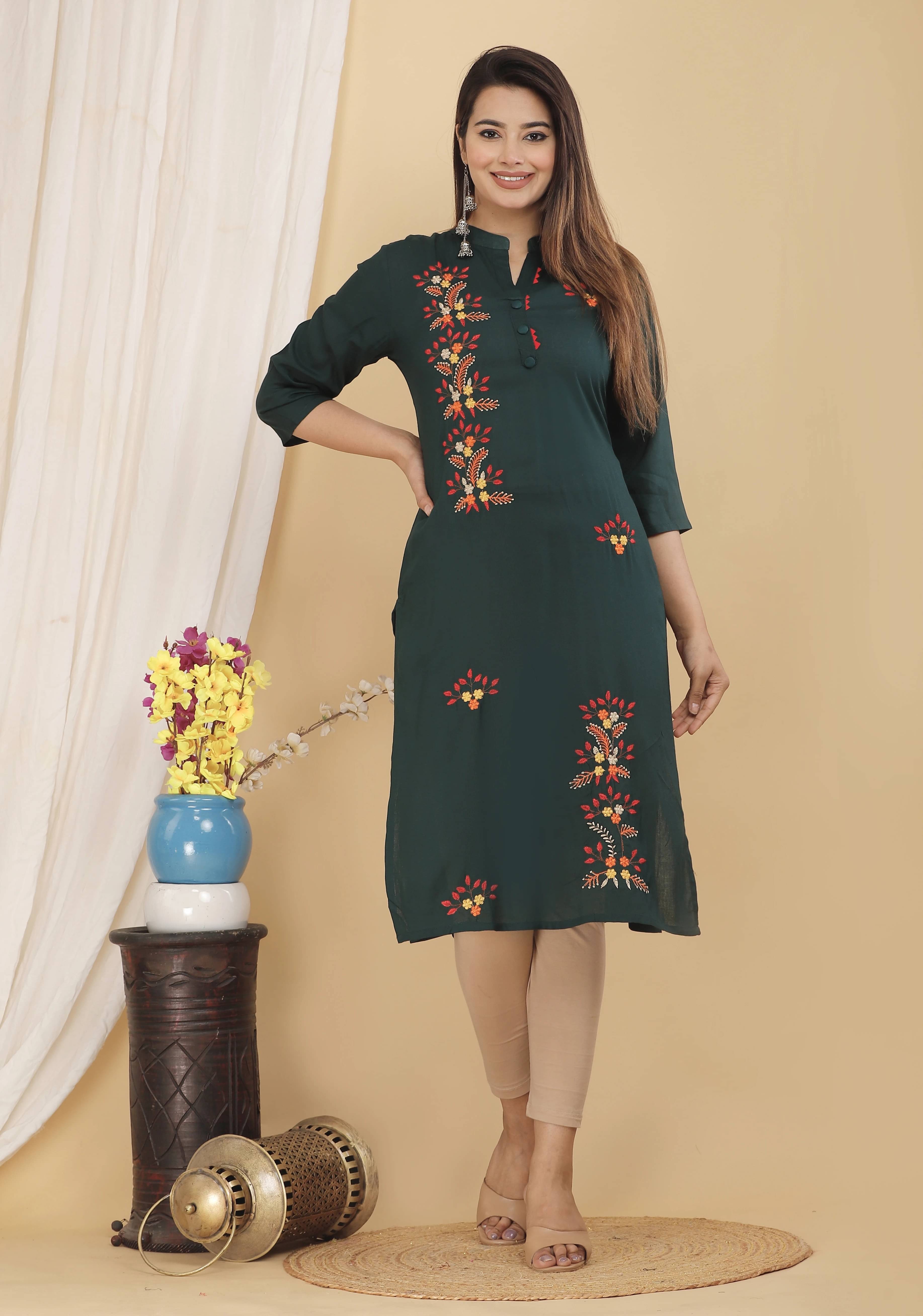 Mehsoos Fashion Women Viscose Rayon Embroidered Straight Kurti ( Green ) Mehsoos Fashion Women Viscose Rayon Embroidered Straight Kurti ( Green )