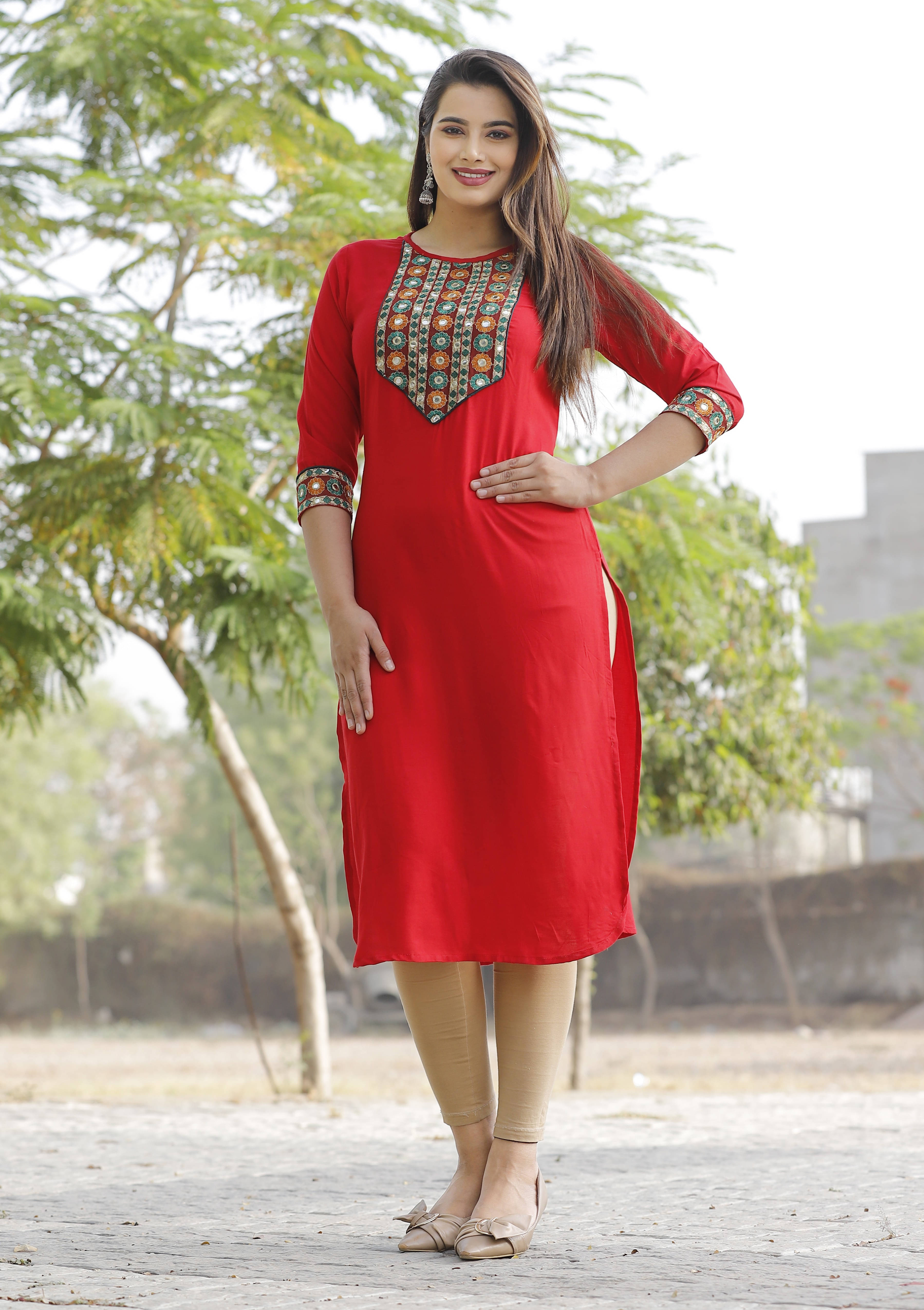     			Mehsoos Fashion Women Viscose Rayon Embroidered Straight Kurti ( Red )