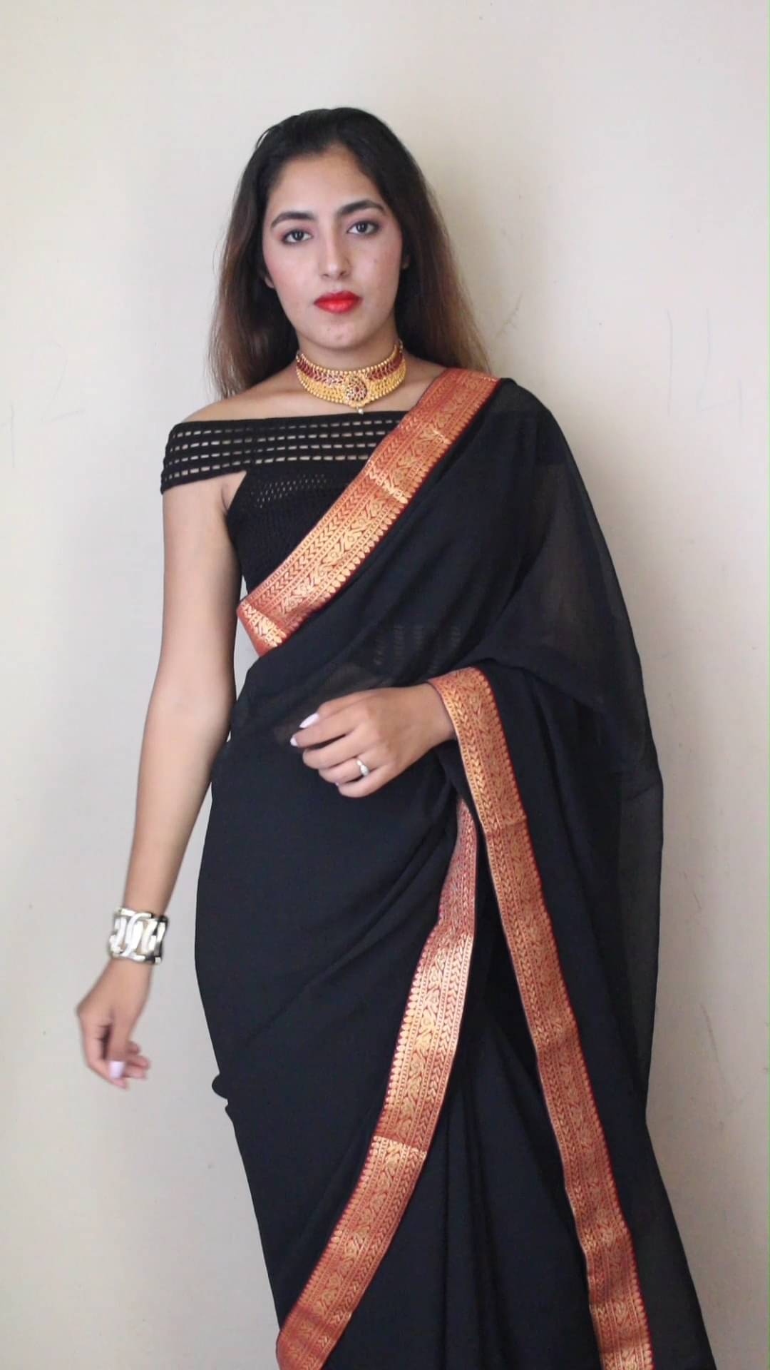     			ANAND SAREES Chiffon Solid Ilkal Saree With Unstitched Blouse Piece ( BLACK )