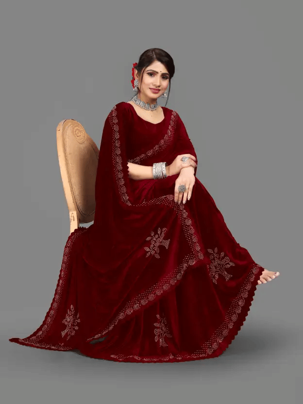 Aika Velvet Solid Regular Saree With Unstitched Blouse Piece ( Maroon ) Aika Velvet Solid Regular Saree With Unstitched Blouse Piece ( Maroon )