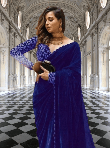     			Apnisha Velvet Embroidered Regular Saree With Unstitched Blouse Piece ( Blue )