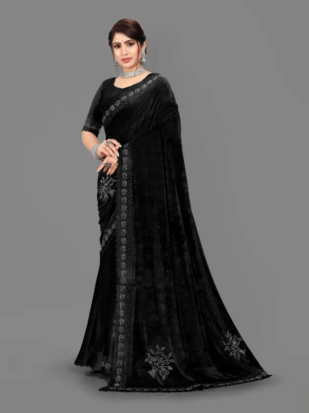Apnisha Velvet Solid Regular Saree With Unstitched Blouse Piece ( Black ) Apnisha Velvet Solid Regular Saree With Unstitched Blouse Piece ( Black )