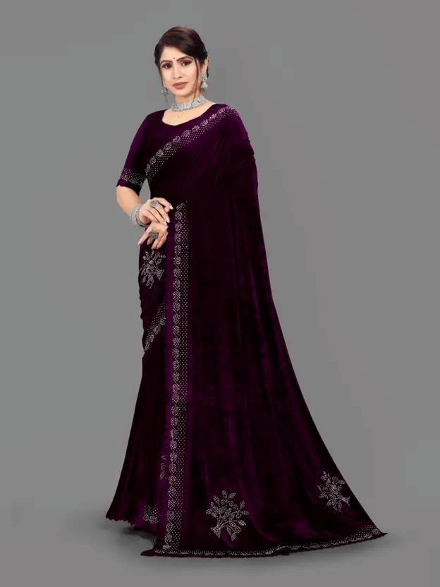 Apnisha Velvet Solid Regular Saree With Unstitched Blouse Piece ( Wine ) Apnisha Velvet Solid Regular Saree With Unstitched Blouse Piece ( Wine )