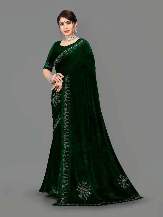 Apnisha Velvet Solid Regular Saree With Unstitched Blouse Piece ( Green ) Apnisha Velvet Solid Regular Saree With Unstitched Blouse Piece ( Green )