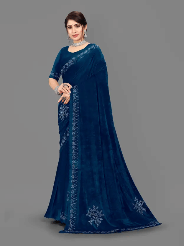 Apnisha Velvet Solid Regular Saree With Unstitched Blouse Piece ( Rama ) Apnisha Velvet Solid Regular Saree With Unstitched Blouse Piece ( Rama )