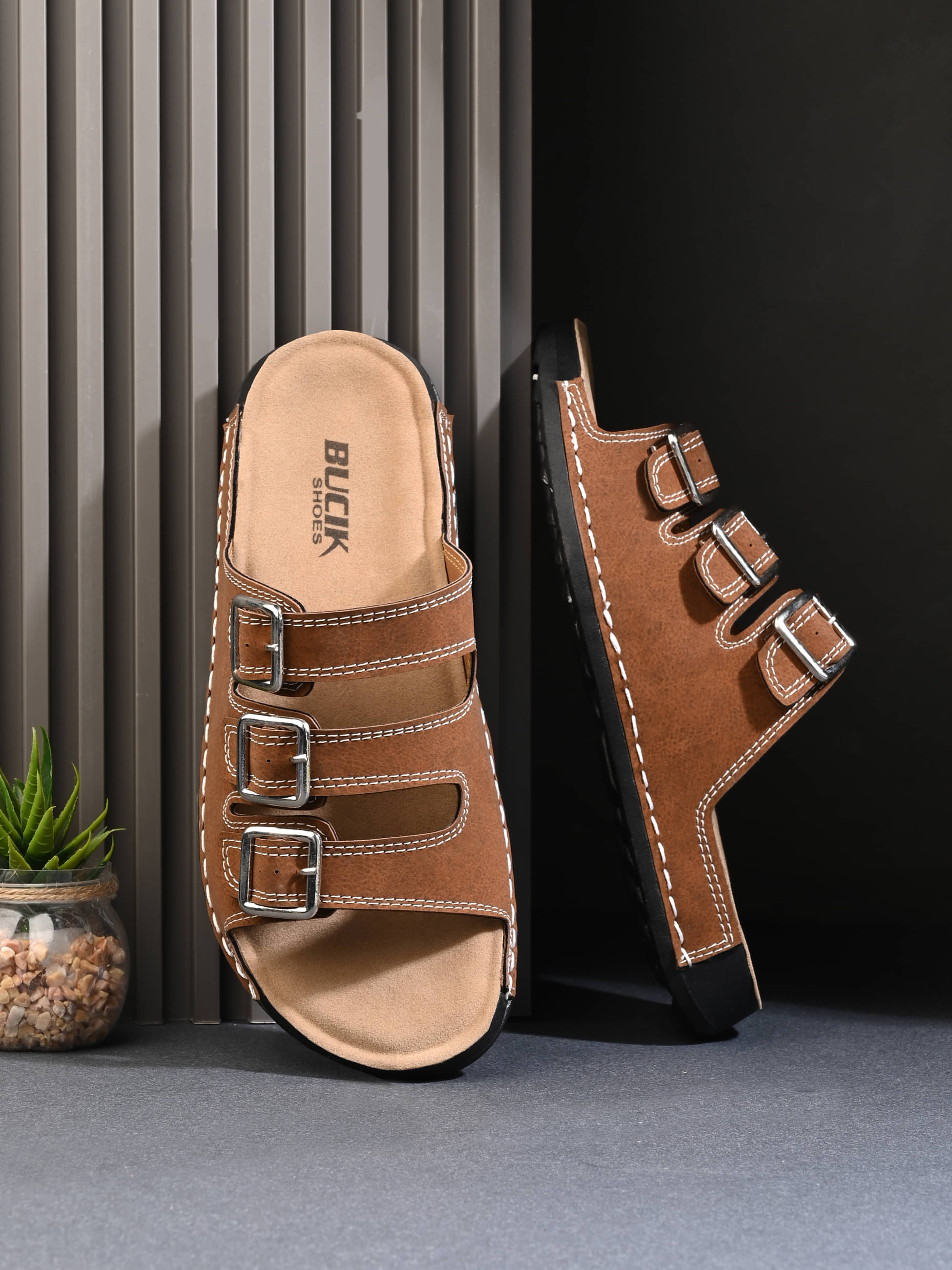     			Bucik Tan Men's Slide Flip Flop