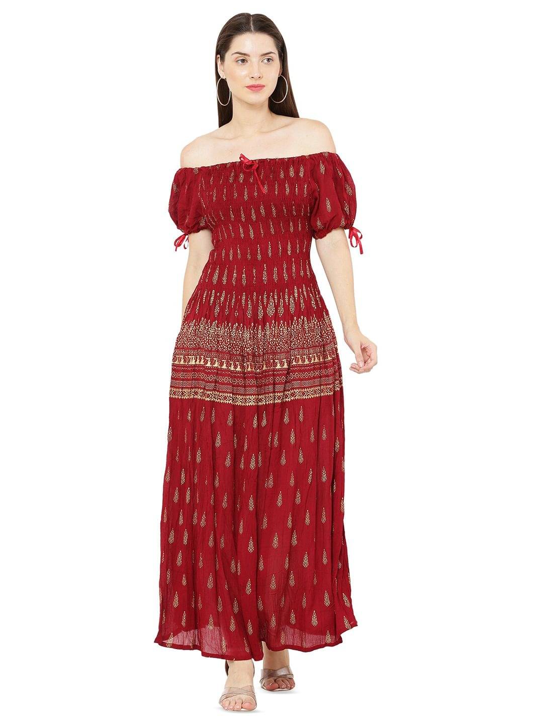 COMFY ATTIRE Women Rayon Printed Fit & Flare Dress ( Maroon ) COMFY ATTIRE Women Rayon Printed Fit & Flare Dress ( Maroon )