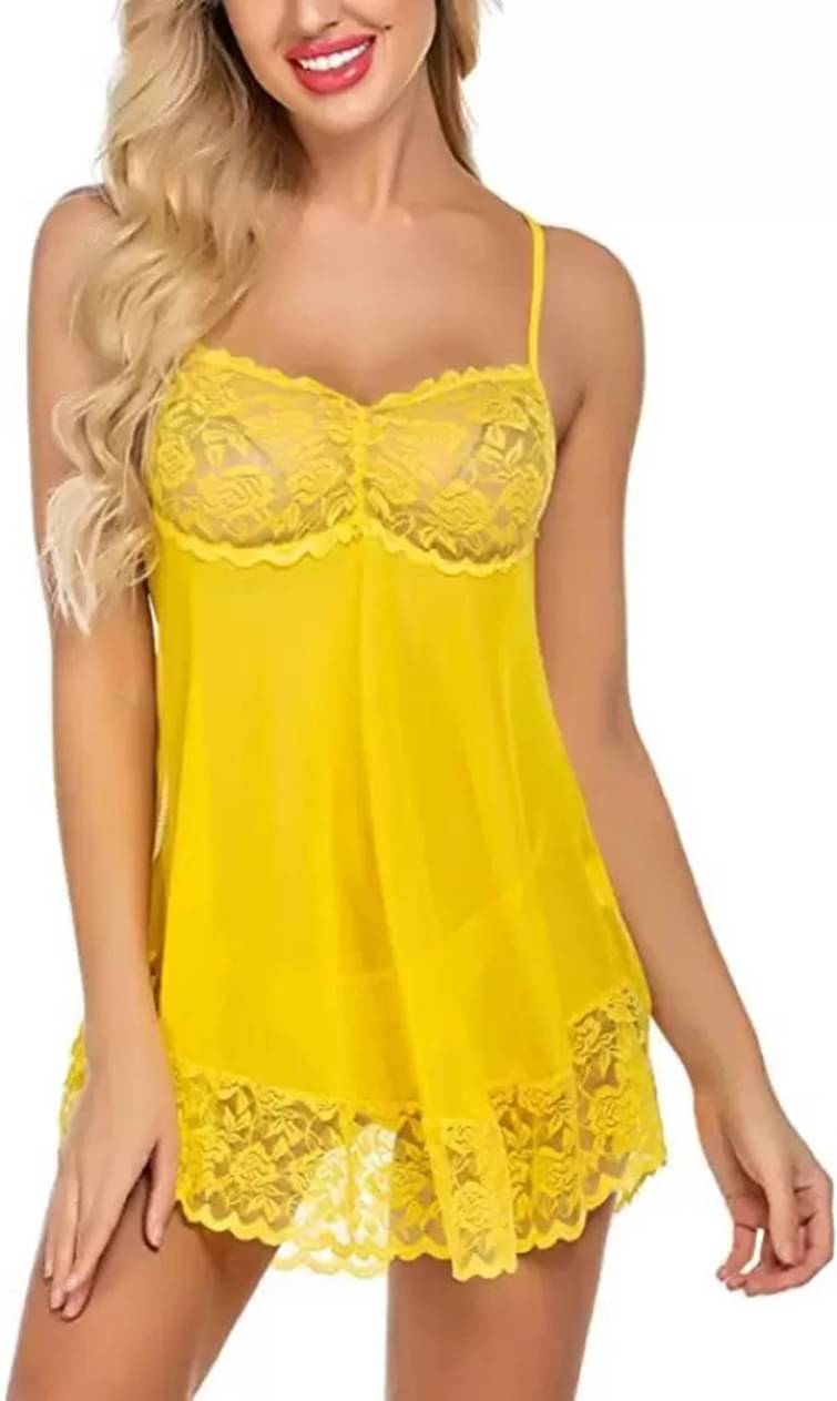     			Gizzline Yellow Net Women's Nightwear Baby Doll Dresses With Panty ( Pack of 1 )