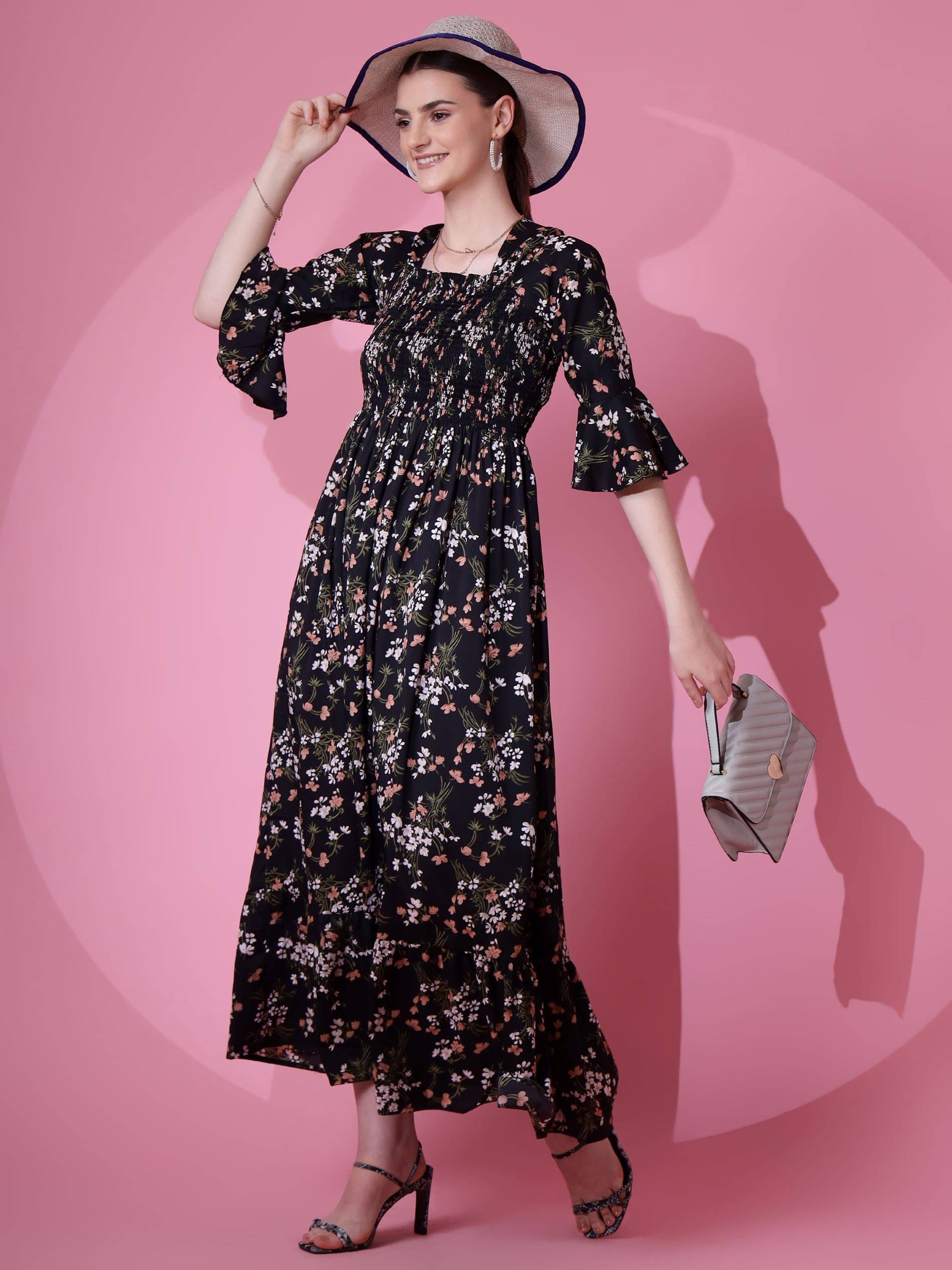     			Honky Tonky Women Crepe Printed Fit & Flare Dress ( Black )